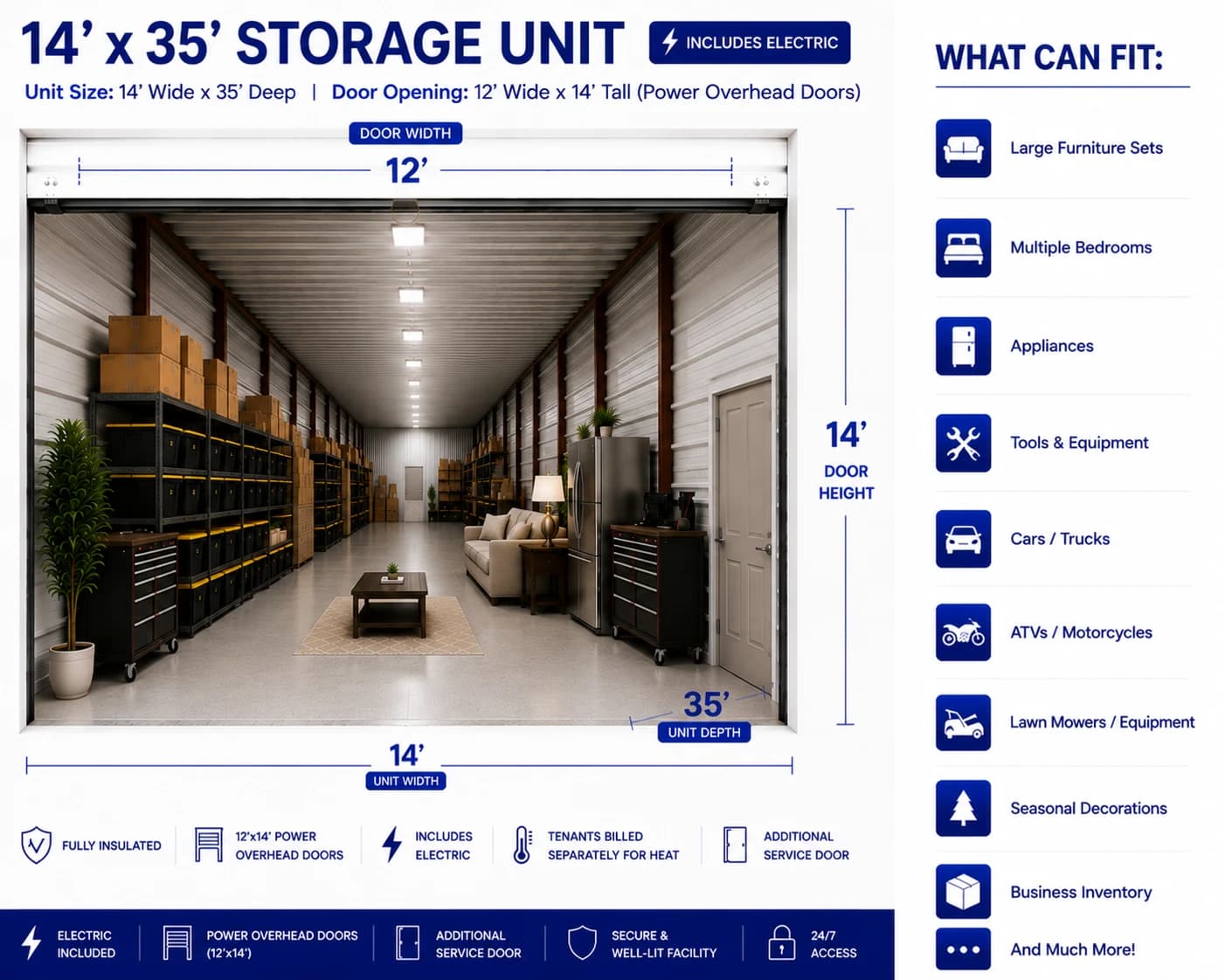 Diagram of a 14 by 35 foot heated storage unit