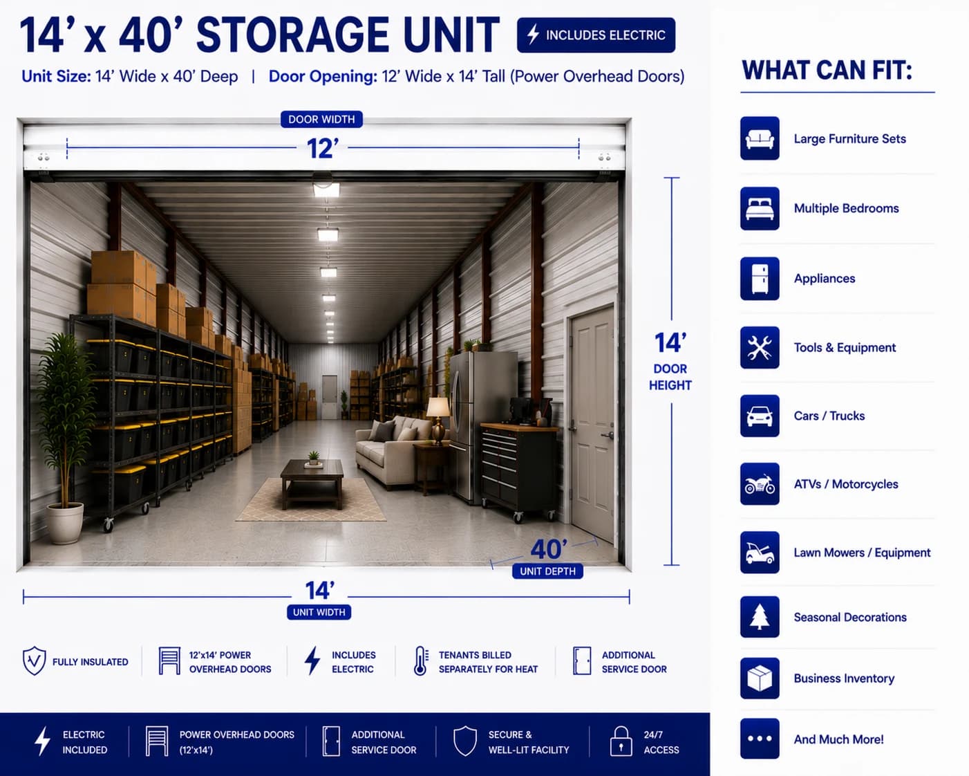 Diagram of a 14 by 40 foot commercial storage unit