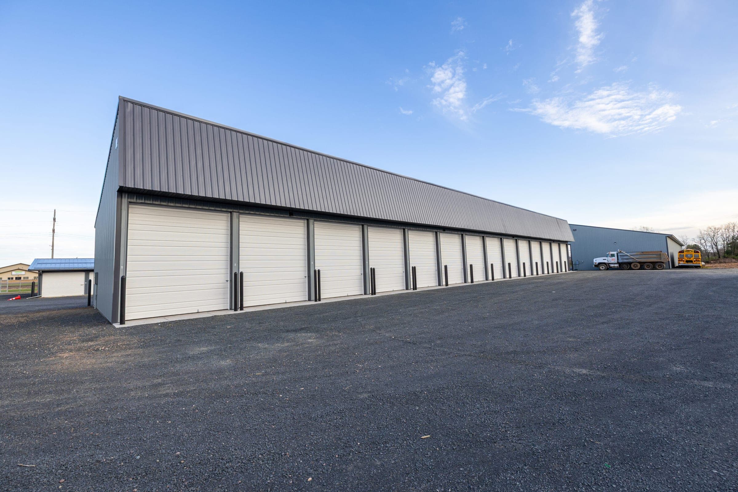 Long row of drive-up units along a storage building