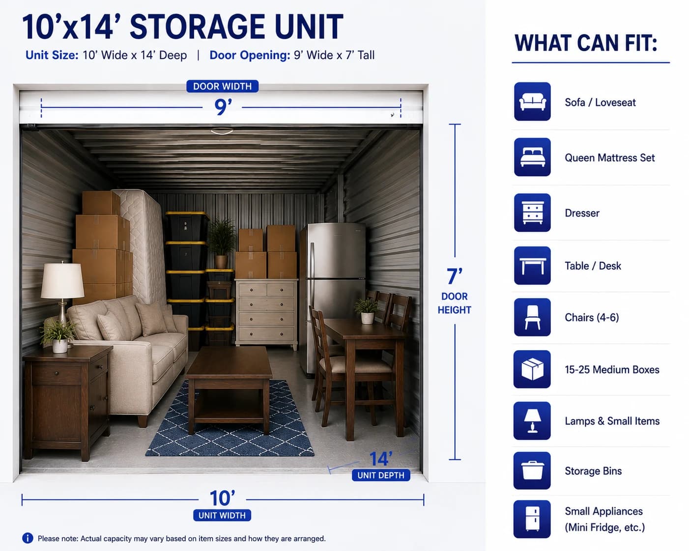 Diagram of a 10 by 14 foot indoor storage unit