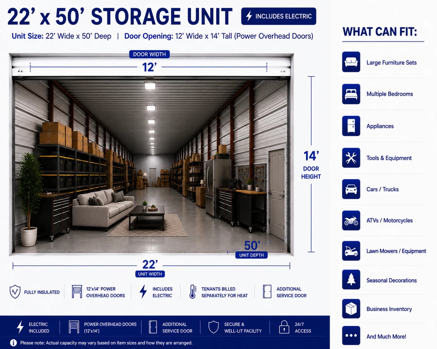 Diagram of a 22 by 50 foot heated storage unit